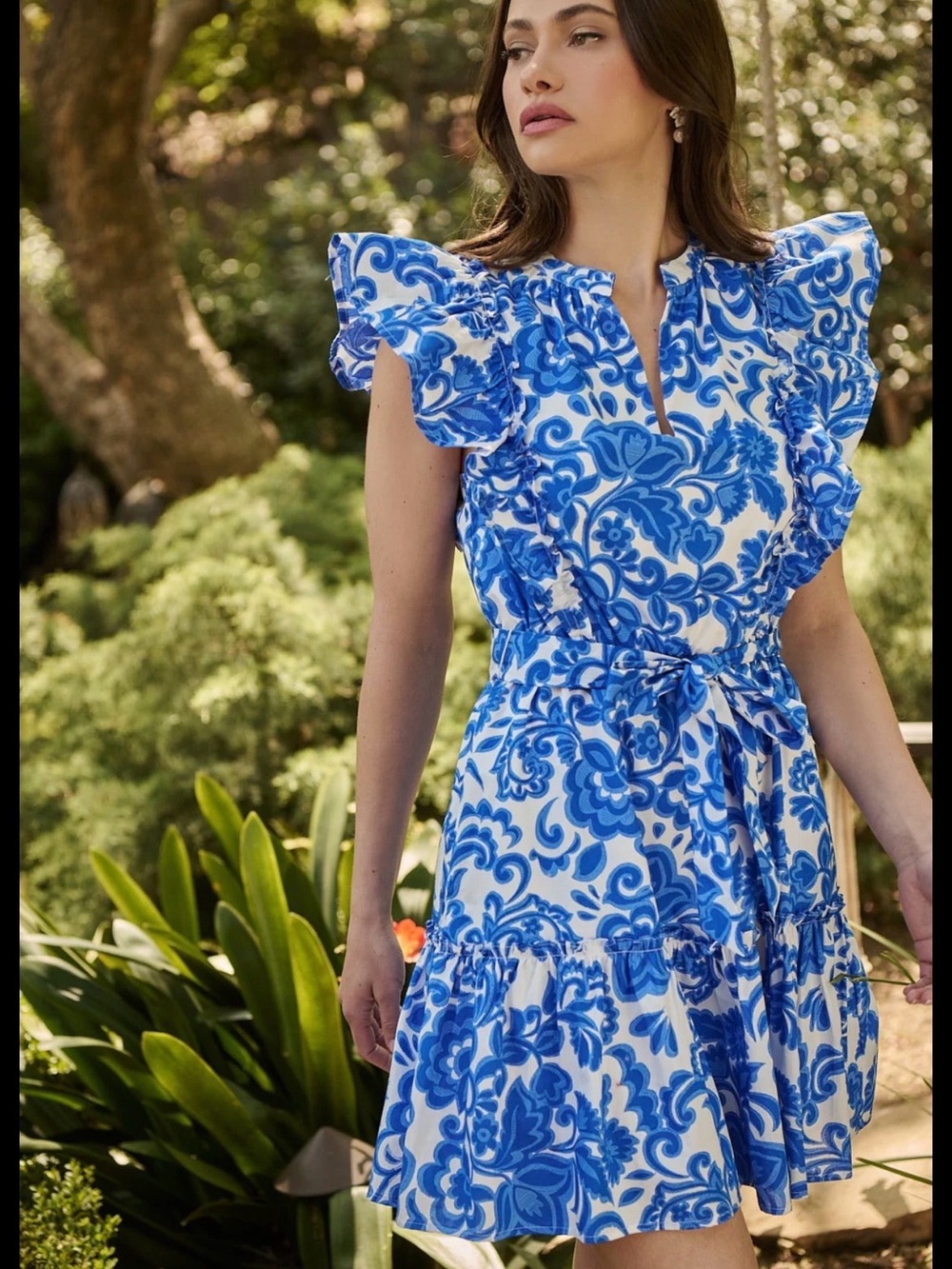 Blue Floral Tie-Waist Ruffle Dress